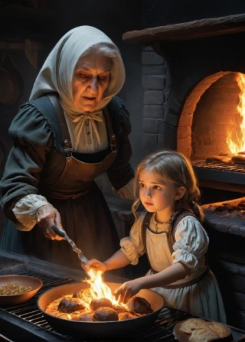 dwarf cookin,little girl and mother,girl in the kitchen,woman holding pie,gingerbread maker,girl with bread-and-butter,children's stove,geppetto,pulcinella,housemother,cookery,innkeeper,mastercook,mother and daughter,blessing of children,chef,fire artist,nanny,candlemas,fire making