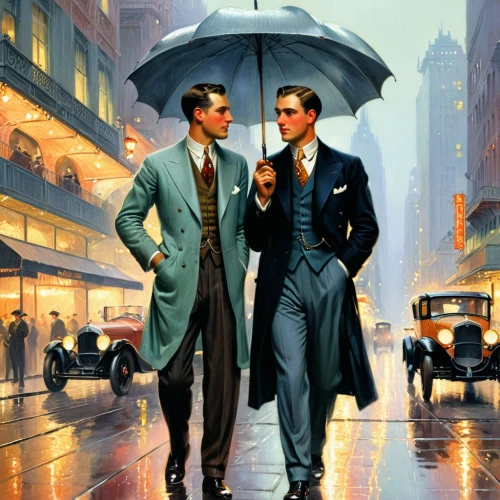 vettriano,struzan,leyendecker,vintage illustration,man with umbrella,selznick,kingsmen,greatcoats,gentleman icons,businessmen,peacoats,roaring twenties couple,fashioned,sprezzatura,pedestrianism,clothiers,trafficante,rockwell,heusen,tailors,Art,Classical Oil Painting,Classical Oil Painting 42