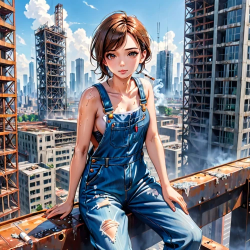 girl in overalls,hausser,asahina,city ​​portrait,giantess,overalls,above the city,adnate,donsky,cityscape,skydeck,steeplejack,on the roof,postapocalyptic,rooftops,roofer,croft,rooftop,skyscraping,world digital painting,Anime,Anime,General