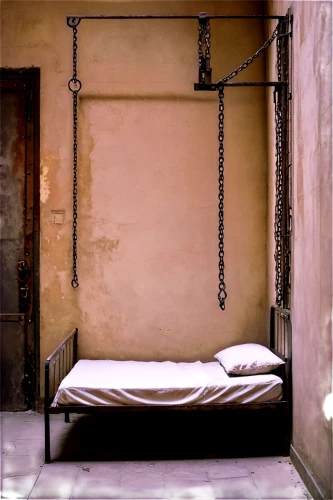 bedstead,cellblock,detainee,bedchamber,treatment room,lalaurie,imprisonment,daybed,beds,deinstitutionalization,sleeping room,condemned,reformatory,jailhouse,hanging chair,prison,imprison,confinement,therapy room,four poster,Conceptual Art,Oil color,Oil Color 05