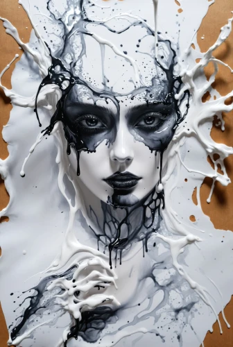ink painting,wetpaint,rone,krita,splash paint,white lady,ice queen,pierrot,vanderhorst,sculpt,veiled,gesso,overpainting,fluidity,bodypainting,the snow queen,viveros,marble painting,snow drawing,thick paint strokes,Illustration,Black and White,Black and White 34