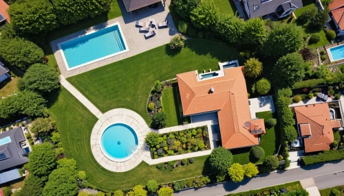 outdoor pool,roof top pool,pools,private estate,roof landscape,aerial view umbrella,swimming pool,pool house,overhead view,bird's-eye view,birdview,suburbia,infinity swimming pool,overhead shot,view from above,luxury property,suburban,zillow,immobilier,house roofs,Photography,General,Realistic