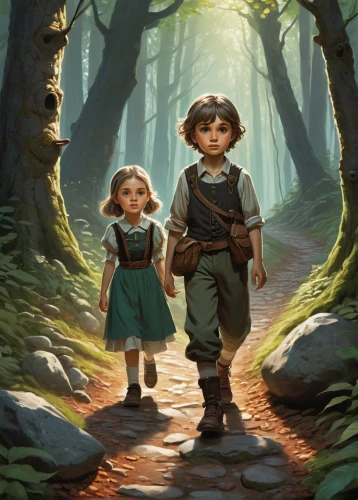 little boy and girl,halflings,townsfolk,adventurers,girl and boy outdoor,happy children playing in the forest,kids illustration,vintage boy and girl,explorers,children's background,scandia gnomes,halfling,caminos,game illustration,forest workers,elves,forest walk,woodlanders,hikers,terabithia,Conceptual Art,Fantasy,Fantasy 13