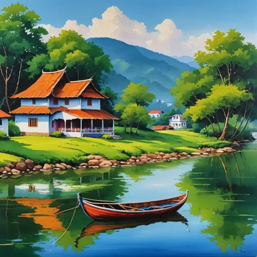 landscape background,house with lake,home landscape,boat landscape,viet nam,river landscape,vietnam,fisherman's house,khokhloma painting,kerala,fishing village,summer cottage,house by the water,rural landscape,houseboat,coastal landscape,houseboats,cottage,mountain scene,inle,Photography,General,Realistic