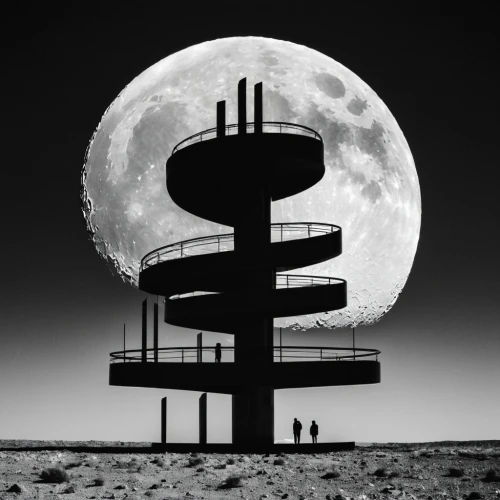 moonbase,moon base alpha-1,observation tower,lifeguard tower,the energy tower,circumlunar,maunsell,moonshot,moonwatch,shulman,moonscapes,watch tower,cellular tower,watchtowers,primosphere,spiral staircase,play tower,moonman,moonlighting,futuristic architecture,Illustration,Black and White,Black and White 33