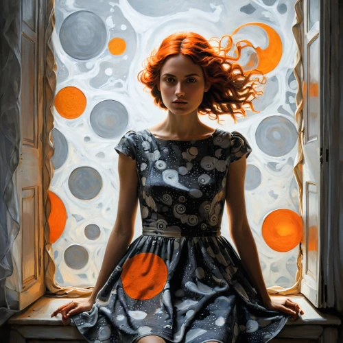 clementine,polka dot dress,a girl in a dress,jasinski,girl in a long dress,heatherley,orange dots,anchoress,girl with speech bubble,transistor,girl in a wreath,polkadot,mystical portrait of a girl,world digital painting,mcconaghy,chastain,digital painting,orange blossom,glass painting,persephone,Illustration,Realistic Fantasy,Realistic Fantasy 34