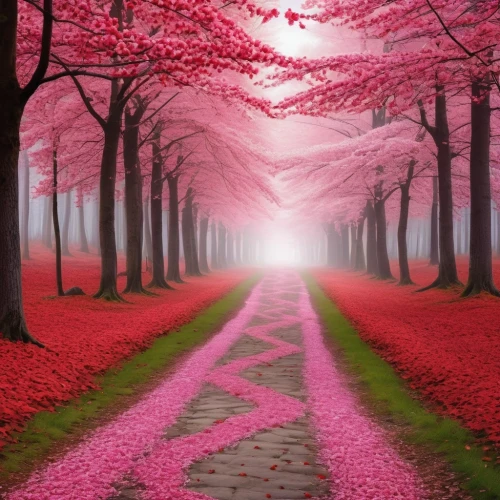 cherry blossom tree-lined avenue,pink petals,tree lined path,cherry petals,japanese sakura background,pink grass,deep pink,pink cherry blossom,rose pink colors,cherry trees,blooming trees,japanese cherry trees,cherry blossom,splendor of flowers,sakura trees,red petals,pink floral background,the cherry blossoms,cherry blossoms,the mystical path,Photography,General,Realistic