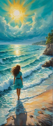 sun and sea,beach background,oil painting on canvas,world digital painting,beach landscape,ocean background,little girl in wind,oil painting,mermaid background,moana,el mar,art painting,man at the sea,girl walking away,sea landscape,toddler walking by the water,mediterranee,walk on the beach,by the sea,children's background,Illustration,Realistic Fantasy,Realistic Fantasy 04