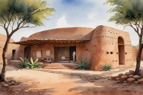 masseria,ancient house,trullo,saliyah,caravansary,qasr azraq,caravanserais,hohokam,caravanserai,harran,taroudant,traditional house,superadobe,sahel,viminacium,ancient buildings,casitas,desert landscape,diriyah,clay house,Illustration,Paper based,Paper Based 25