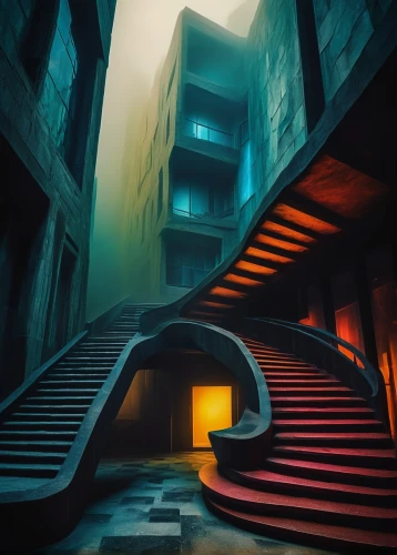 lair,futuristic architecture,undercity,world digital painting,stairways,shadowrun,stairwell,winding steps,descent,stairwells,escalera,escaleras,stairs,stairway,arcology,neverwhere,staircases,vertigo,staircase,morphosis,Art,Artistic Painting,Artistic Painting 36