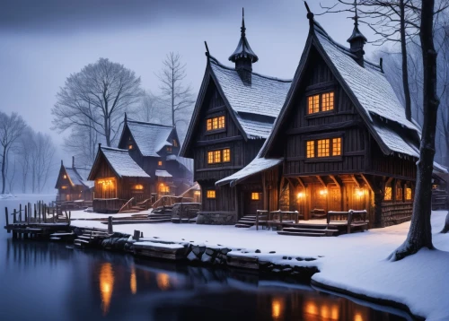 winter house,winter village,wooden houses,santa's village,winterplace,christmas landscape,wooden house,winter landscape,snowy landscape,winter night,winter magic,snow landscape,half-timbered houses,half-timbered house,boathouses,winterland,house in the forest,elves country,snow house,house with lake,Illustration,Retro,Retro 02