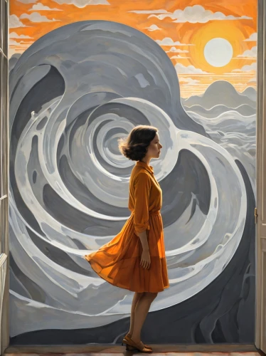 little girl in wind,girl walking away,the wind from the sea,pittura,bluemner,girl with a dolphin,girl in a long dress,pictorialist,weixler,magritte,feitelson,girl in a long,trenaunay,surrealism,the sea maid,art deco woman,imagism,puttnam,fearnley,japanese waves,Illustration,Vector,Vector 12