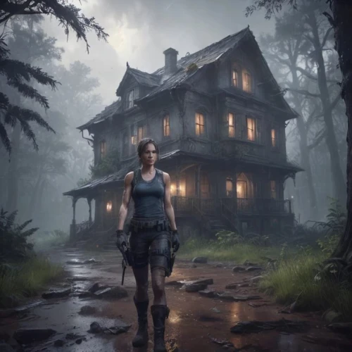 lara,croft,witch's house,house in the forest,house silhouette,forest house,witch house,woman house,lonely house,the haunted house,oakhurst,claudette,orona,morwen,morganville,lydia,eldershaw,game art,tlou,haunted house