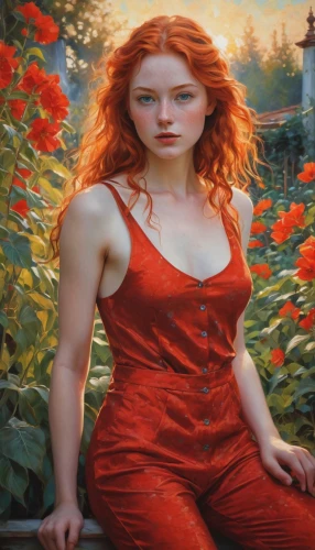 girl in the garden,demelza,romanoff,lady in red,fiery,melisandre,red head,huiraatira,shades of red,irisa,redheads,red flowers,red flower,redd,red,fantasy portrait,beltane,red skin,persephone,fantasy picture,Art,Classical Oil Painting,Classical Oil Painting 18