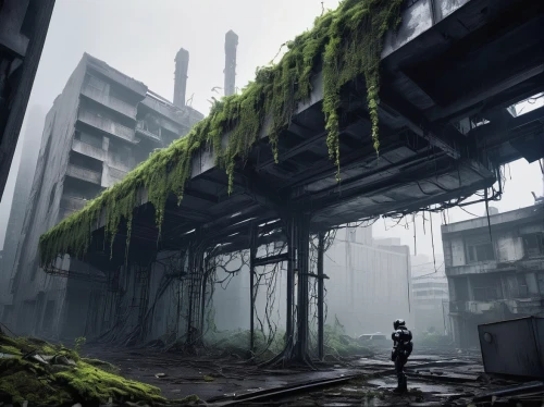 overgrowth,industrial ruin,scampia,environments,lost place,post-apocalyptic landscape,industrial landscape,post apocalyptic,lostplace,overgrown,postapocalyptic,abandoned,environment,arcology,soma,abandoned place,ecotopia,urban landscape,parkade,destroyed city,Illustration,Abstract Fantasy,Abstract Fantasy 14