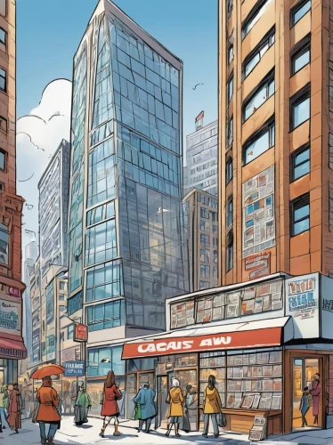 yonge,moc chau hill,nextwave,midmarket,concept art,storefronts,genosha,woolworth,wildstorm,tishman,cybertown,cybercity,store fronts,renderings,wnyc,oscorp,walkability,provigo,business district,archaia,Illustration,American Style,American Style 13