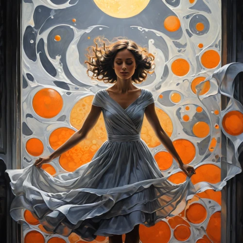 sci fiction illustration,portal,orange blossom,hypatia,a girl in a dress,glass painting,persephone,eurydice,clementine,orange,girl in a long dress,oranges,blue spheres,moon phases,girl with speech bubble,moonstruck,mirror of souls,fractals art,lanterns,leota,Illustration,Realistic Fantasy,Realistic Fantasy 32