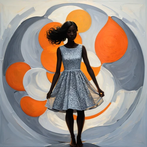 girl with a wheel,oil painting on canvas,woman silhouette,a girl in a dress,oil on canvas,girl in a long dress,circle paint,juried,fabric painting,swirling,girl in a long,orange blossom,mystical portrait of a girl,oil painting,dance with canvases,sarafina,eclipsed,art painting,girl walking away,spinaway,Illustration,Abstract Fantasy,Abstract Fantasy 22