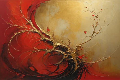 abstract painting,abstract artwork,oil painting on canvas,golden wreath,gold leaf,gold foil tree of life,crown of thorns,golden apple,oil on canvas,abstract gold embossed,red sun,gold paint stroke,eclosion,burning bush,gold paint strokes,black-red gold,oil painting,apotheosis,entanglement,red planet,Illustration,Realistic Fantasy,Realistic Fantasy 16