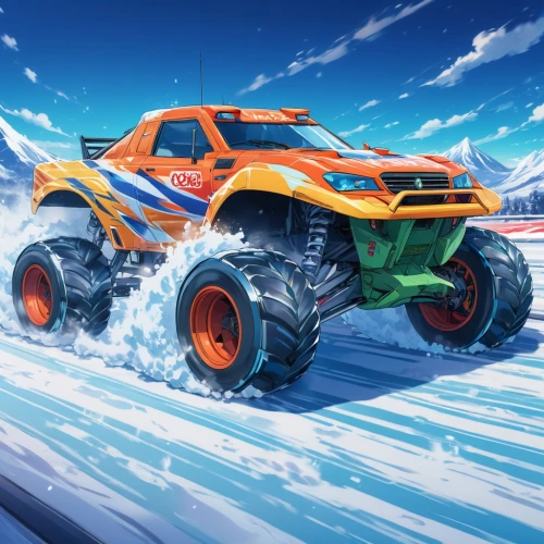 subaru rex,onrush,off-road car,off-road vehicle,monster truck,all-terrain vehicle,snowmobile,off-road vehicles,snow plow,game car,snowplow,snow slope,snowplowing,off road vehicle,motorstorm,racing road,skull racing,beach buggy,off-road outlaw,supertruck,Illustration,Japanese style,Japanese Style 03