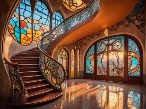 gaudi,art nouveau frames,art nouveau frame,staircase,escaleras,stained glass,stairway,escalera,outside staircase,staircases,stained glass windows,art deco,stairwell,colorful glass,winding staircase,spiral staircase,circular staircase,ornate room,glass tiles,stairwells,Illustration,Retro,Retro 12