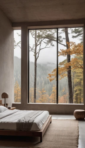 neutra,modern room,japanese-style room,amanresorts,donghia,wooden windows,zumthor,forest house,sleeping room,bedroom window,autumn motive,roof landscape,ryokan,minotti,soffa,soft furniture,window curtain,daybed,house in mountains,wood window,Photography,General,Realistic