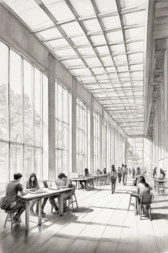 bobst,daylighting,school design,epfl,technion,shenzhen vocational college,lecture hall,renderings,kimbell,athens art school,diliman,revit,mies,study room,university library,cafeteria,lecture room,schulich,gulbenkian,gensler,Illustration,Black and White,Black and White 30