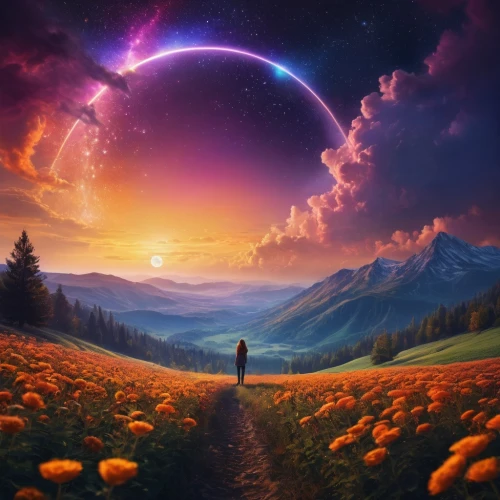 fantasy picture,the mystical path,fantasy landscape,dreamscape,autumn background,astral traveler,the path,space art,dream world,moonwalked,horizons,the universe,photomanipulation,alien planet,landscape background,world digital painting,cosmos,universe,astronomical,phase of the moon,Photography,General,Fantasy