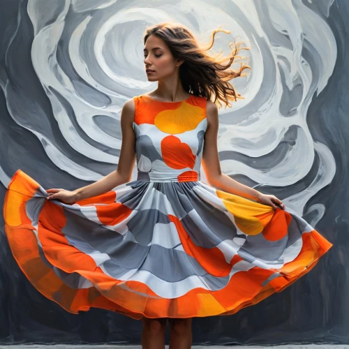 flamenca,flamenco,girl in a long dress,a girl in a dress,twirl,whirling,pasodoble,little girl in wind,world digital painting,coral swirl,habanera,twirling,orange blossom,swirling,orange,orange rose,digital painting,vestido,fabric painting,siriano,Illustration,Paper based,Paper Based 06
