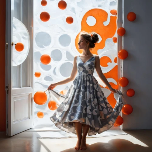 polka dot dress,orange dots,a girl in a dress,polka dot paper,dots,clementine,girl in a long dress,polkadot,orange blossom,orange petals,little girl with balloons,paint spots,the little girl's room,girl with speech bubble,girl walking away,dotty,polka dots,little girl twirling,open door,dot,Illustration,Abstract Fantasy,Abstract Fantasy 13