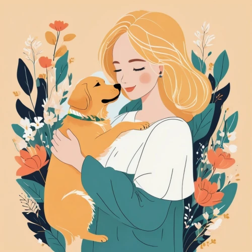 girl with dog,dog illustration,eilonwy,golden retriever,retriever,golden retriver,goldens,love for animals,puppy pet,cat mom,heartmate,orange tabby,she feeds the lion,maternal,marnie,human and animal,blonde dog,orange tabby cat,companion dog,orange blossom,Illustration,Vector,Vector 01