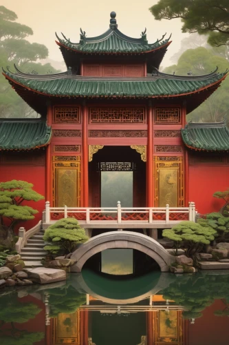 asian architecture,oriental painting,the golden pavilion,hall of supreme harmony,teahouses,heian,qingcheng,teahouse,golden pavilion,lotus pond,summer palace,oriental,japanese shrine,qingming,shuozhou,soochow,cartoon video game background,confucian,buddhist temple,confucianism,Illustration,Retro,Retro 15