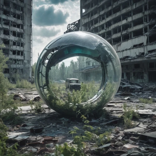 glass sphere,giant soap bubble,quarantine bubble,glass ball,crystal ball-photography,scampia,post-apocalyptic landscape,district 9,anamorphic,post apocalyptic,gyroscopic,pripyat,glass orb,ecotopia,technosphere,cryengine,lensball,crystal ball,crystalball,inhabitable,Conceptual Art,Sci-Fi,Sci-Fi 13