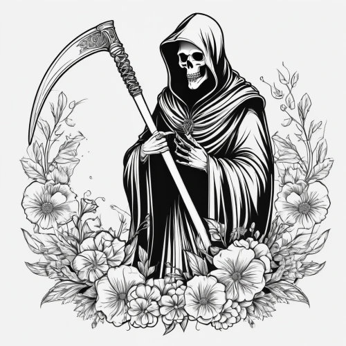grim reaper,grimm reaper,reaper,skeletor,deadheading,lich,death god,memento mori,floral skull,reapers,skelly,scythe,gravediggers,skelemani,scythes,angel of death,undeath,deathlike,days of the dead,funerary,Illustration,Black and White,Black and White 04