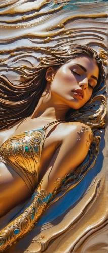 gold foil mermaid,surface tension,bodypainting,sirena,bodypaint,fluidity,body painting,water nymph,ripples,gold paint stroke,photoshoot with water,submerged,flowing water,dyesebel,siren,water waves,reflection in water,gold paint strokes,rippling,sirene,Illustration,Realistic Fantasy,Realistic Fantasy 04