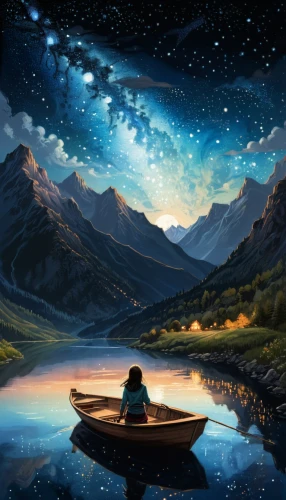 starry night,boat landscape,fantasy picture,dreamscape,canoeing,dreamscapes,horizons,adrift,landscape background,world digital painting,starry sky,astronomy,fantasy landscape,serenity,space art,dream world,floating over lake,the night sky,explorers,tranquility,Illustration,American Style,American Style 08