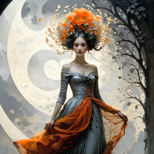 persephone,sorceress,fantasy art,the enchantress,moon phase,faerie,queen of the night,fantasy picture,samhain,bewitching,lady of the night,fantasy woman,fantasy portrait,sorceresses,moonflower,moonlit,faery,seelie,behenna,fairy queen,Illustration,Realistic Fantasy,Realistic Fantasy 16