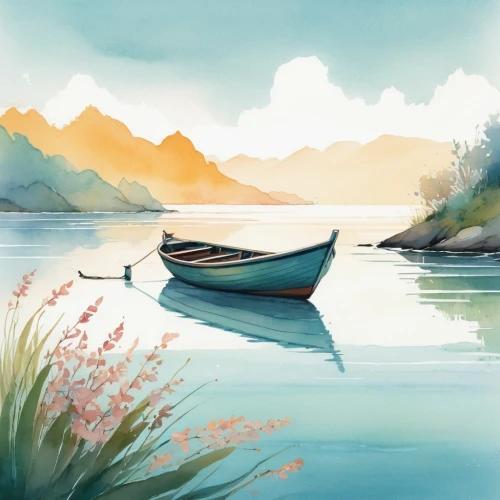boat landscape,watercolor background,sea landscape,watercolor blue,watercolor,water color,water colors,watercolorist,coastal landscape,canoe,watercolour,watercolour paint,watercolor painting,canoes,rowboats,calm waters,canoeing,sailboat,watercolours,watercolors,Illustration,Paper based,Paper Based 07