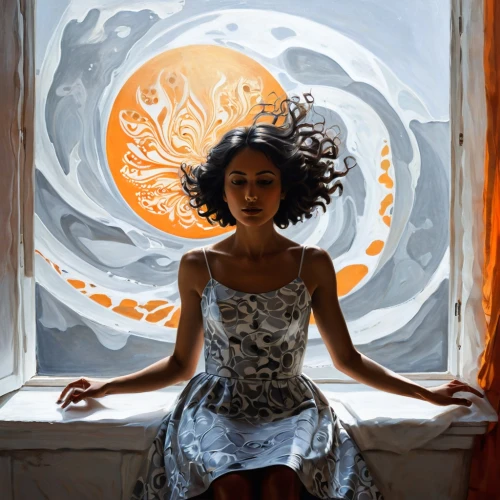 mystical portrait of a girl,orange blossom,digital painting,promethea,oshun,glass painting,world digital painting,girl with a wheel,photo painting,thandie,underpainting,overpainting,persephone,arundhati,girl in a wreath,swirling,charlayne,spiral background,digital artwork,art painting,Illustration,Realistic Fantasy,Realistic Fantasy 06