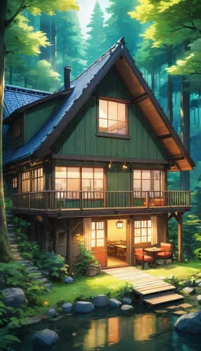 house with lake,house in the forest,house by the water,forest house,ryokan,summer cottage,house in mountains,wooden house,house in the mountains,cottage,butka,ryokans,ghibli,fisherman's house,lonely house,the cabin in the mountains,kazoku,little house,small cabin,small house,Illustration,Japanese style,Japanese Style 03