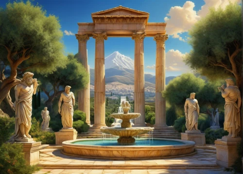 pallas athene fountain,greek temple,stone fountain,artemis temple,fountain,fountain of neptune,pillars,sybaris,three pillars,the ancient world,neptune fountain,panagora,neoclassicism,temple of diana,olympus,fountain of friendship of peoples,solstices,ephesus,old fountain,neoclassic,Illustration,Realistic Fantasy,Realistic Fantasy 32