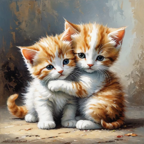 kittens,ginger kitten,mignons,baby cats,two cats,cute animals,cat lovers,tabbies,georgatos,kitties,piccoli,knip,cat love,bengals,little boy and girl,felids,catts,pluess,tenderness,cute cat,Conceptual Art,Oil color,Oil Color 06
