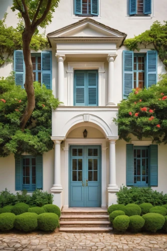 garden elevation,exterior decoration,house with caryatids,boxwood,houses clipart,beautiful home,dreamhouse,showhouse,landscapers,landscaped,townhouse,plantation shutters,boxwoods,mansard,french building,blue doors,shutters,exteriors,italianate,landscapist,Art,Classical Oil Painting,Classical Oil Painting 40