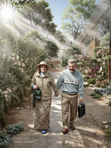elderly couple,colorization,vintage man and woman,renoirs,colorized,autochrome,gardeners,pictorialist,old couple,vintage botanical,edwardians,grandparents,the old botanical garden,man and wife,horticulturists,horticulturalists,photo manipulation,bellingrath gardens,photomontages,edwardian