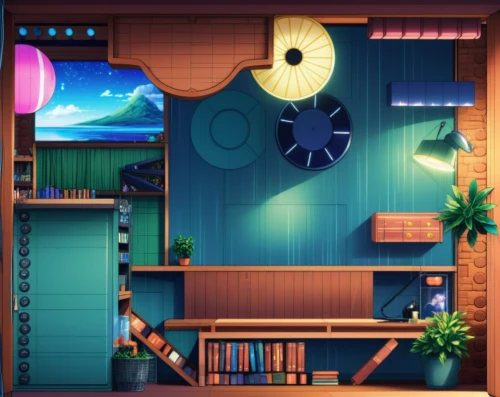 cartoon video game background,cabana,an apartment,kids room,dreamhouse,apartment,background design,aqua studio,blue room,a restaurant,shared apartment,beach restaurant,game room,cabanas,boy's room picture,apartment house,small house,casita,playing room,children's room,Illustration,Japanese style,Japanese Style 03
