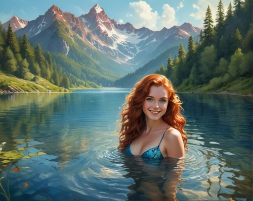 donsky,fantasy picture,water nymph,fantasy art,world digital painting,girl on the river,epica,landscape background,naiad,underwater background,jasinski,mountain spring,redheads,ariel,mermaid background,thermal spring,rusalka,the blonde in the river,glacial lake,heatherley,Conceptual Art,Fantasy,Fantasy 12