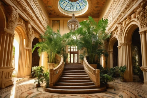 chhatris,alcazar of seville,hallway,atriums,staircase,biltmore,royal palms,outside staircase,philbrook,conservatory,cochere,marble palace,entrance hall,staircases,escaleras,the palm,archly,stairway,foyer,tropical house,Illustration,Abstract Fantasy,Abstract Fantasy 16