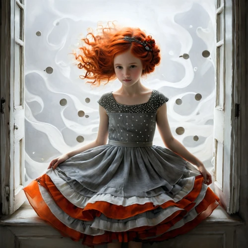 redhead doll,little girl in wind,a girl in a dress,mystical portrait of a girl,doll dress,crinoline,seelie,anchoress,redheads,fairy tale character,girl in a long dress,behenna,dress doll,peignoir,raggedy ann,orange blossom,little girl fairy,rousse,gingerbread girl,ballgown,Illustration,Abstract Fantasy,Abstract Fantasy 06