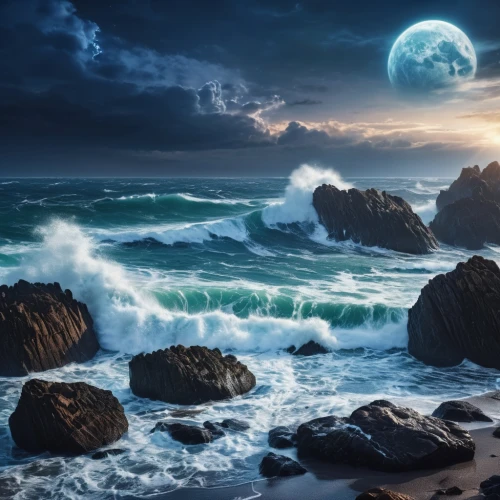 blue moon,moonlit night,ocean background,seascape,moonlit,moonlighted,moonlight,sea night,moonscapes,moondance,dreamscapes,moonrise,ocean waves,moonscape,moonstruck,moon photography,lunar landscape,lune,full hd wallpaper,moon and star background,Photography,General,Realistic