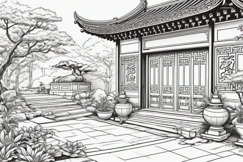 qibao,teahouse,teahouses,qingcheng,asian architecture,white temple,qingming,hutong,oriental,baoding,xuande,hall of supreme harmony,buddhist temple,dacheng,yinzhen,shuozhou,dojo,summer palace,oriental painting,longshan,Illustration,Black and White,Black and White 04